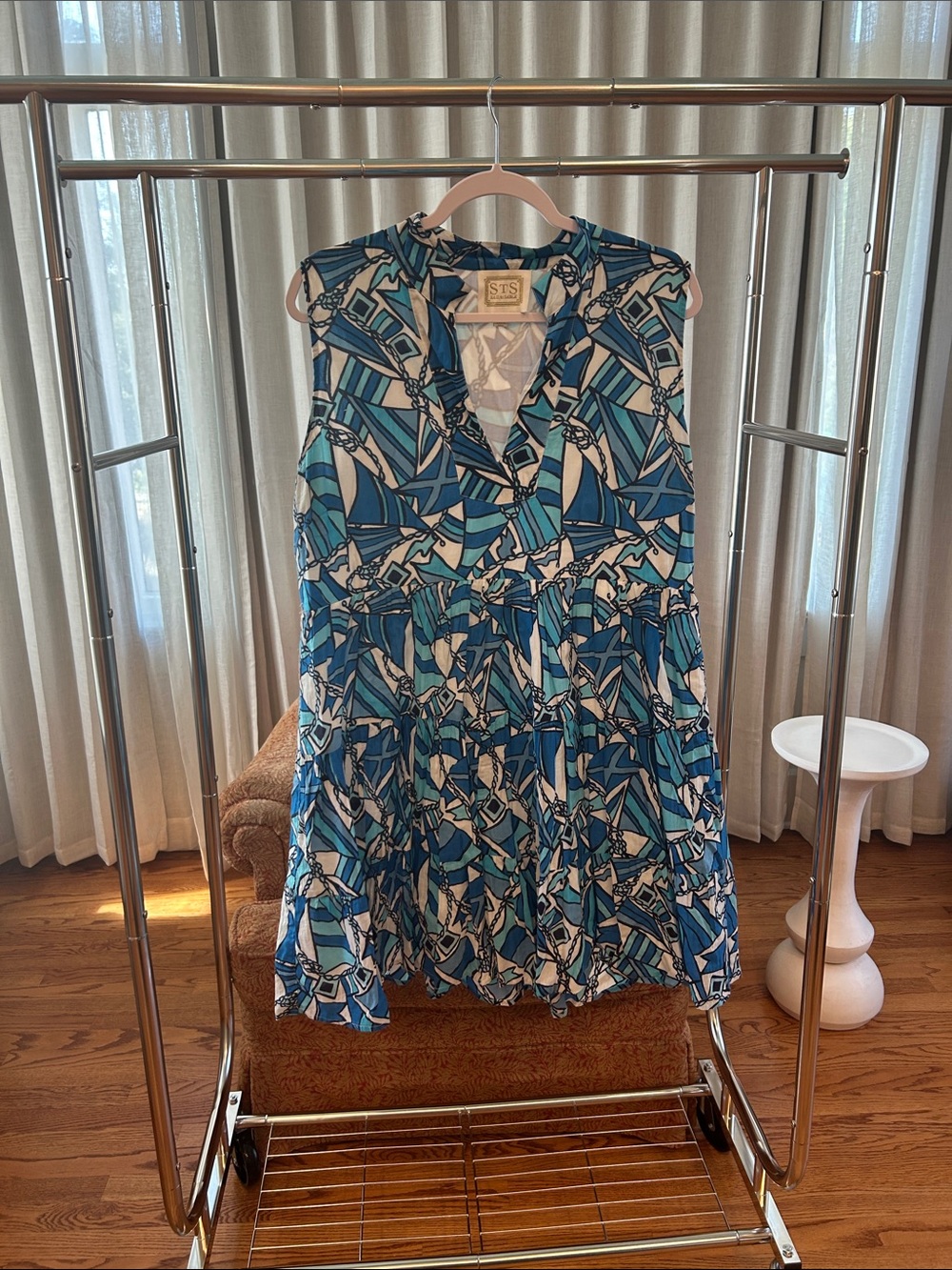 Sail to Sable Blue Multi Geometric Sleeveless Mini Dress